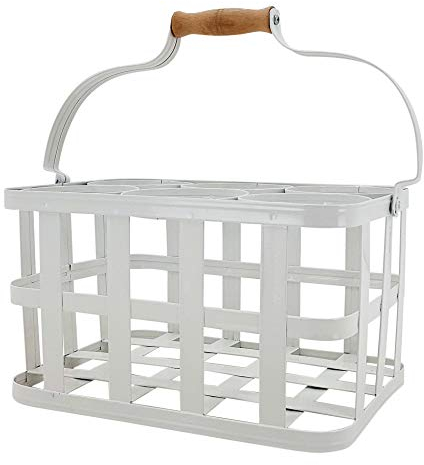 KUHEIGA Flaschenkorb Länge 32,5cm Flaschenträger Metall mit Holzgriff weiß