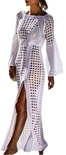 Women's Long Beach Cover Up Ladies Swimwear Hollow Out Bell Sleeve Dress Swimsuit Cover Crochet Lace Bikini Bathing Beachwear (White)
