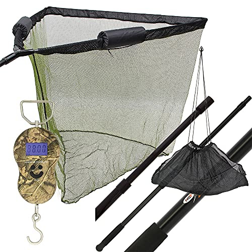 42 Landing Net Dual Float Carp Coarse Fishing with 2m 2pc Pole Handle + Stink Bag Case & Digital Camo Scale 40kg/88lb with Sling