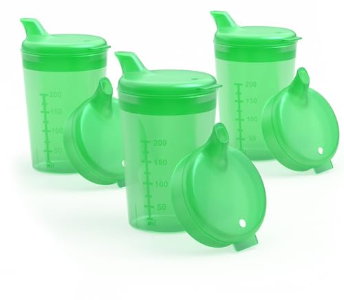 Horn Medical Lot de 3 Gobelets à Bec Verseur de 250 ml pour Adultes / Ensembles d'aide à la Boisson avec Deux Couvercles (Grande & Petite Ouverture) par Ensemble - Choix de Couleurs (Vert)