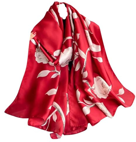 WEIGEER Sciarpa di Seta da Donna, Scialle di Loto, Avvolgente Lunga, Painting Bridal Shawl, Chiffon Muslim Colorful Cloth, Floral Silk Chain (Fiore Rosso)
