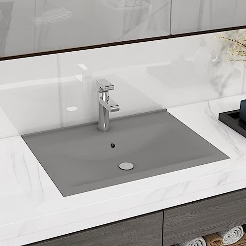 Vasque à Encastrer, Lavabo Encastré Lave-Mains Salle de Bain Lavabo avec trou de robinet Gris clair mat 60x46 cm Céramique
