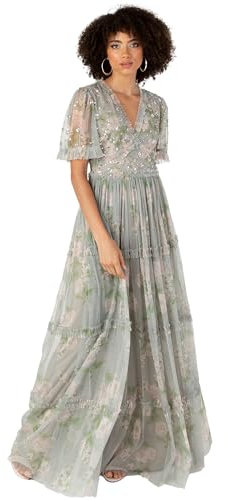 Anaya with Love Women's Maxi Dress Ladies V-Neck Short Angel Sleeves Tiered Ruffle for Bridesmaid Wedding Guest Occasion Prom Ball Gown Floral Sage Green 44