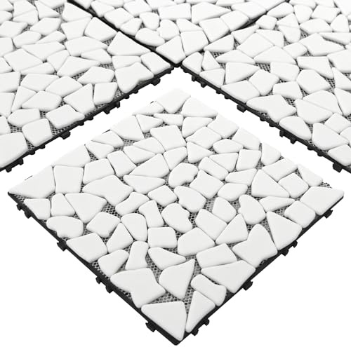 4PCS Natural Pebble Interlocking Deck Tiles, 12 x 12 Recycled Glass Marble Looks Waterproof Patio Deck, Outdoor & Indoor Flooring Decking Tiles for Porch Poolside Balcony Backyard, White