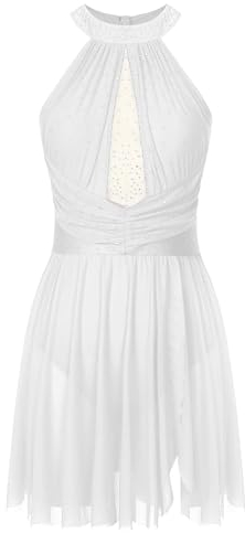TiaoBug Damen Neckholder Ballettkleider Ärmellos Tanzkleider Glitzer Strass Skaterkleid Latein Lyrisch Modern Eiskunstlauf Bekleidung Weiß S