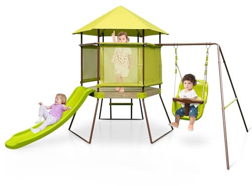 RELAX4LIFE 4 in 1 Parco Giochi in Legno, Altalena da Giardino con Scivolo per Bambini, Altalena Regolabile in Altezza, Casetta da Gioco per Bambini, 225 x 203 x 168 cm