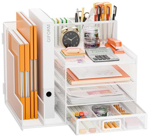 Restorgan Desk Organiser with File Holder, 4-Tier Paper Tray Organiser with Drawer and Square Pen Holder, Mesh Desk File Storage with Magazine Organizer for Home Office Supplies (White)