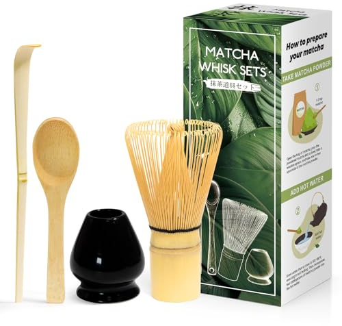 4-delat matcha-ceremonikit i bambu - visp, sked, spade, visphållare - glänsande svart
