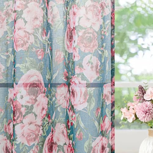 L.Z.E Gardine Grün Rosa für Küche Fenster Bedruckt Blumen Vorhang mit Ösen Kurz Transparent Gardinen Vorhänge für Wohnzimmer Schlafzimmer 2er Set Leinenoptik Schals 175 cm Dunkelgrün (LZE2227E-FL175)