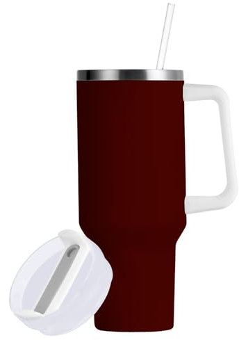 FRODOTGV Vaso aislado al vacío liso borgoña con tapa con popote, botella de agua grande de 30 onzas, reutilizable, taza de viaje para café caliente, para el hogar, la oficina o el coche