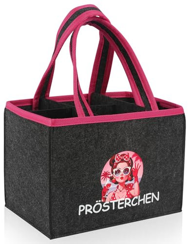 ipow Witzige Frauenhandtasche Flaschenträger aus Filz für 6 Flaschen (Sekt, Wein, Bier, Hugo) – Grauer Flaschenkorb Weintasche Geburtstag, JGA, Mädelsabend oder Muttertag