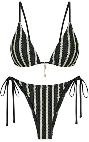 ZAFUL Black Crochet Beads Bikini Sets for Women Cheeky Two Piece Bathing Suits Striped Brazilian High Cut Knit Swimsuit Tie Side for Vacation L