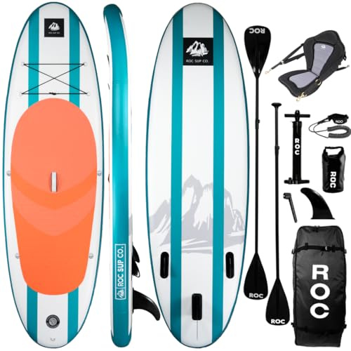 Roc Inflatable Stand Up Paddle Boards with Premium SUP Paddle Board Accessories, Wide Stable Design, Non-Slip Comfort Deck for Youth & Adults (Coral W/Kayak Seat)