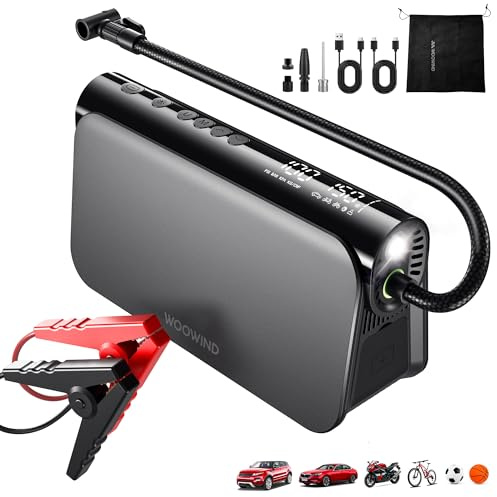 Woowind 3-en-1 Arrancador de Baterías, Compresor de Aire 150PSI/10,3Bar y Power Bank 65W, Booster Batería 12V, Inflador de Ruedas, Cargador 16000mAh, Arrancador de Coches 6.0L Gasolina / 2.5L Diésel