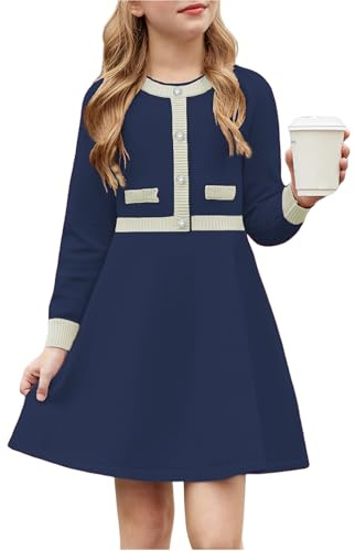 Arshiner Niñas Vestido Invierno Niños Cálido Punto A-Line Fiesta Festivo Elegante de Manga Larga Vestidos para Niñas 8-9 años Azul Marino