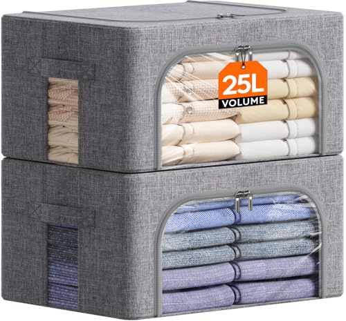 Lifewit Scatole per Armadio Rigide con Cerniera, Contenitori per Armadio Salvaspazio, Scatole Vestiti Cambio Stagione con Struttura in Metallo Pieghevole, Grigio, 25 L, 2 Pezzi