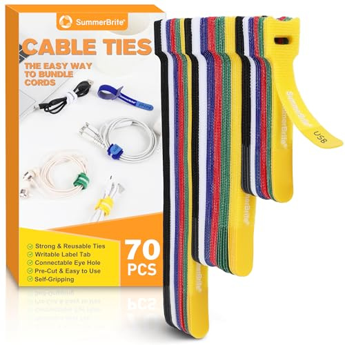 Summerbrite 70 Piezas Bridas para Cables, 10/15/20 cm, Etiquetas y Bridas 2 en 1, Reutilizables, Gestión de Cables para Hogares y Oficinas(6 colores)