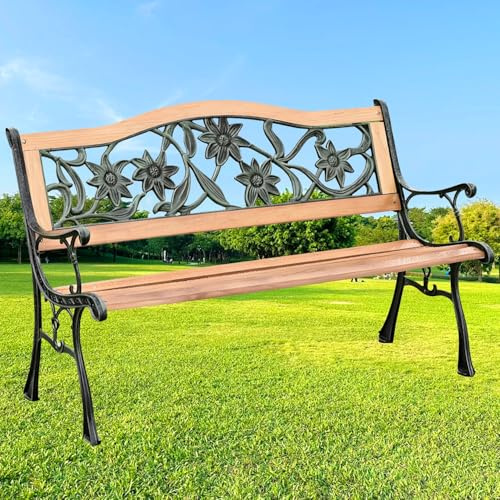 Banco de jardín resistente a la intemperie con reposabrazos y respaldo, banco de madera de 2 plazas para patio, 126 x 45 x 79 cm, para uso en interiores y exteriores, color clemátide natural