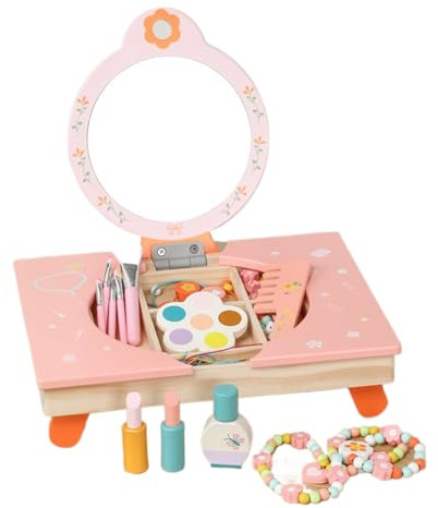 Genérico Tocador De Juguete - Mesa De Maquillaje Plegable De Madera con Espejo | Juego De Imitación para Niños con Peine Y Cosméticos - para Cumpleaños, Navidad Y Salón De