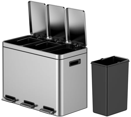 Garvee 12 Gallon Stainless Steel 3 Compartment Trash Can - 3x15L Recycling Bin with Soft-Close Lid, Fingerprint-Proof Kitchen & Office Waste Sorting Bin
