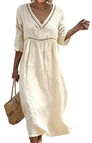 Summer Dresses for Women UK Bohemian 3/4 Sleeve Cotton Dresses Casual Loose Fit Boho Dress Breathable Comfortable Friendly Elegant Style Holiday Beach Travel Everyday Wear
