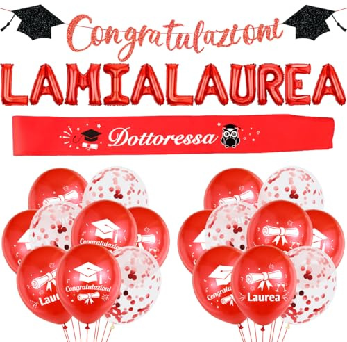 Laurea Decorazioni, Congratulazioni Striscione + Palloncini in Foil LA MIA LAUREA + Fascia Laureato + Palloncini Laureato Rossa, Diplomato Festa Addobbi