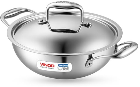 Vinod Platinum Triply Stainless Steel Kadai with Lid – 1.8L, 22 cm | 3 Layer SS Cookware Wok | Deep Cooking Pot for Sauteing & Curries | Gas & Induction Friendly | Heavy Bottom | Sturdy Handles