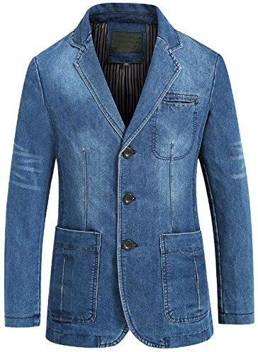 chouyatou Men's Classic Notched Collar 3 Button Tailoring Distressed Denim Blazer Jacket (Large, Blue)