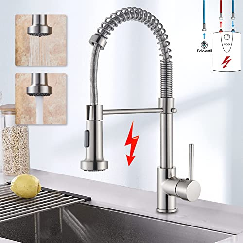 Suguword Grifo de cocina de baja presión, extensible, grifo mezclador de cocina, giratorio 360°, acero inoxidable, grifo monomando con muelle en espiral, cepillado