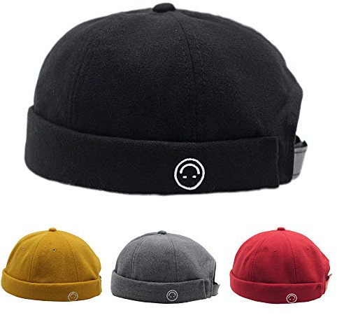 Unisex Docker Brimless Hats Beanie Skullcap Worker Sailor Cap Retro Rolled Cuff Skull Caps with Adjustable (4817*Black)