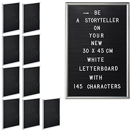 Relaxdays 10 x Letterboard, je 145 Buchstaben, Zahlen, Sonderzeichen, 45x30 cm, Buchstabentafel zum Stecken, Kunststoff, Silber