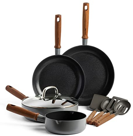 GreenPan Mayflower Pro Hard Anodized Healthy Ceramic Nonstick, 9 Piece Cookware Set, Inclu. Fry Pan Saucepan, Sauté Pans & Utensils, Vintage Wood Handle, PFAS-Free, Induction Suitable, Charcoal Gray
