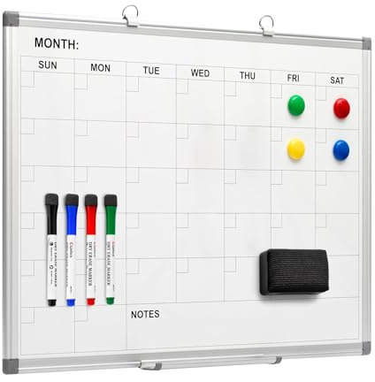 Comix Magnetic Dry Erase Calendar Whiteboard, 24 x 18 Inches Monthly Calendar Dry Erase Board for Wall, Aluminum Frame Planner White Board with Markers, Eraser, Magnets