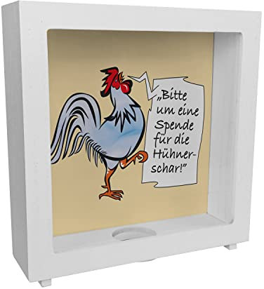 Rahmen Spardose aus Holz mit Hahn Motiv in blau zum Thema Trinkgeld und lustigem Spruch schöne Sparbüchse als Geschenk für Sparfüchse die Hühner mögen und eine Hühnerschar auf dem