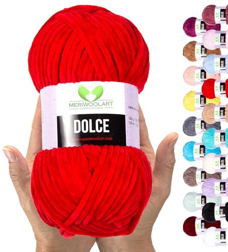 MeriWoolArt Chenille Garn zum Stricken und Häkeln Rot - 100 g und 120 m Samt-Wolle - 100% Flauschige Polyester Strickgarn für Amigurumi Kissen Decken weiche Kleidung Geschenke