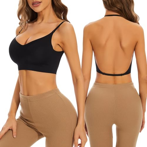 MeeQee Reggiseno Schiena Scoperta Reggiseno Push Up Donna Invisibile Senza Schienale Reggiseni Leggero Comfort Reggiseni Multiway con Bretelle Conver Black/S