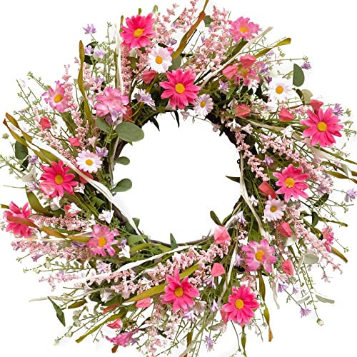 CIR OASES 22-inch Spring Pink wreath Artificial Pink Daisies Flowers Green Leaf wreath Spring Summer Front porch Window Decoration Wedding Party Holiday decoration