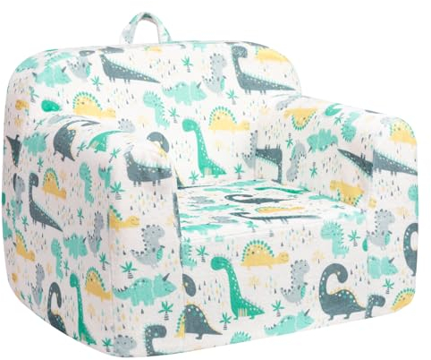 BEJOY Kindersofa - Ultra-Weicher Schaumstoff Gefüllter Kindersessel, Kuscheliger Flanell Lesecouch für Mädchen und Jungen - Weiß mit Dinos
