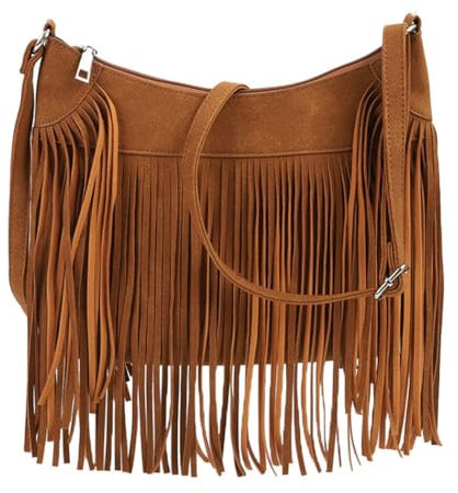 Lightolife Fransen-Tasche aus Wildlederimitat, Western-Cowgirl, trendige Umhängetasche, Umhängetasche, Satteltasche, Schultertasche für Damen, B Braun, Einheitsgröße
