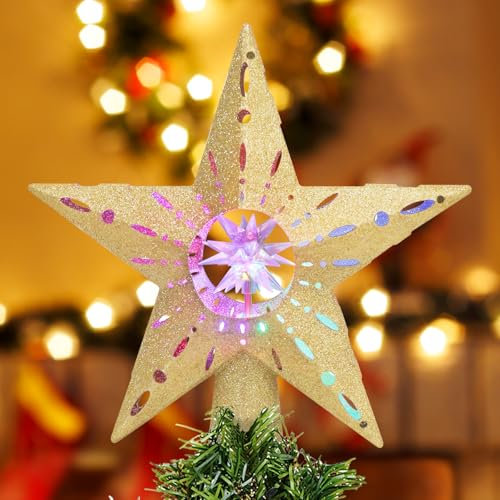 Quntis Weihnachtsbaumspitze mit Projektor, Sterne Christbaumspitze beleuchtet mit Bunte LEDs Christmas Tree Topper, Dekoration für Weihnachtsbaum und Innenausstattung (Gold)
