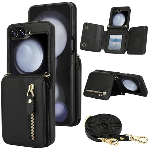 XIZYO Coque Collier pour Samsung Galaxy Z Flip 5 Etui de Téléphone en Portefeuille Cuir avec Cordon, Housse Béquille Poche Zippée Antichoc avec Porte-Cartes, Noir