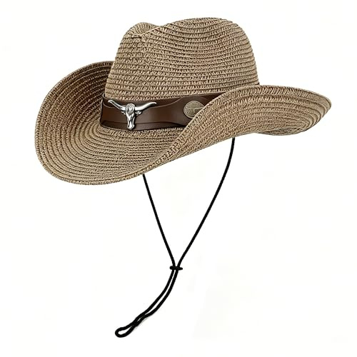 JIAHG Cappello da cowboy unisex, cappello western estivo per spiaggia, festa, festival, cappello arioso con protezione solare per donne e uomini, 56/58 IT