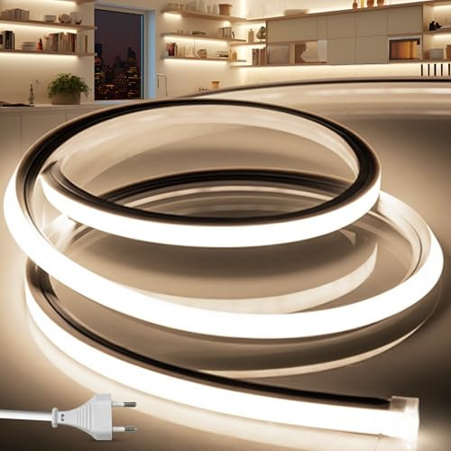 BRIMETI Striscia LED Neon 3M 220V Tubo LED Silicone Flessibile Esterno Impermeabile IP65 Nastri LED Luminosa 120 LED/M Corda Stringa Lampada, con Alimentatore di rete e Controller (Bianco Naturale)