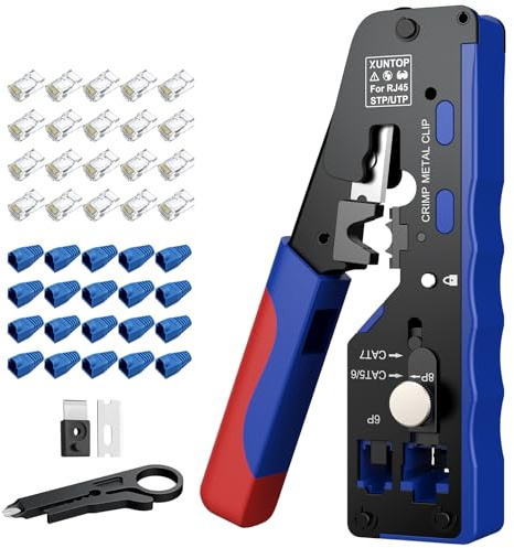 XUNTOP Pinza Crimpatura RJ45 Pass-Through con 20 Connettori Dorati Multifunzione Spelafili per Cavi CAT5/CAT6/CAT7 Strumento Taglia, Spela e Crimpa per Rete Ethernet con Laminia di Ricambio