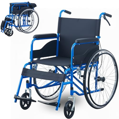 LSBIKE 13.05kg Folding Wheelchair self-propelled Lightweight Wheelchair for Transport with Strong Steel Frame with Rear Hand Brakes and Side Brakes (Blue)