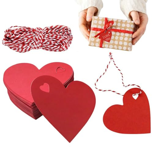 JRYXDS 100 Etichette Regalo A Forma Di Cuore, Con Corda, Biodegradabile Carta Kraft, Adatte Per San Valentino, Natale, Matrimonio, Giorno Del Ringraziamento, Compleanno, Festività (Rosso)