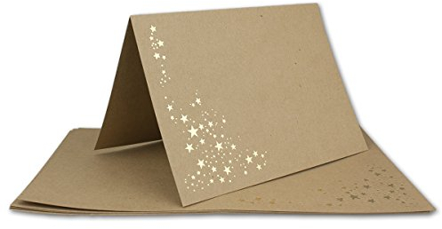 Faltkarten DIN B6 - Sandbraun-Kraftpapier mit goldenen Metallic Sternen - 50 Stück - 11,5 x 17 cm - blanko für Drucker geeignet Ideal für Weihnachtskarten - Marke: NEUSER FarbenFroh