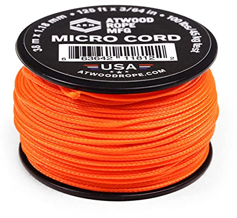 Atwood Rope MFG Micro Utility Cord 1.18mm X 125ft Reusable Spool | Tactical Nylon/Polyester Fishing Gear, Jewelry Making, Camping Accessories (Neon Orange)