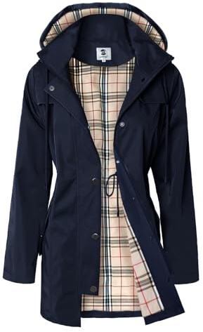 SaphiRose Women's Long Hooded Rain Jacket Outdoor Raincoat Navy Blue L
