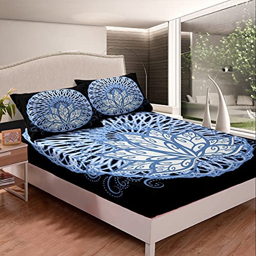 Lotus Bedding Set Hippie Mandala Sábana bajera ajustable para niños, niñas, adolescentes, flores elegantes, juego de sábanas transpirable imagen vectorial cubierta de cama tamaño individual